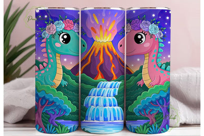 Magical Dino Volcano Tumbler Wrap PNG Sublimation PixelChick 
