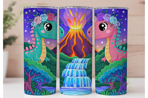 Magical Dino Volcano Tumbler Wrap PNG Sublimation PixelChick 