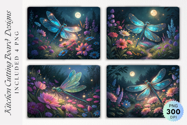 Magical Dragonfly Among Blossoms Cutting Board PNG Design Sublimation Regulrcrative 