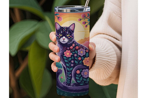 Magical Floral Cat 20oz Tumbler Wrap Sublimation DesignSVG 