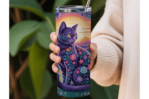 Magical Floral Cat 20oz Tumbler Wrap Sublimation DesignSVG 