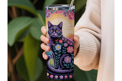 Magical Floral Cat 20oz Tumbler Wrap Sublimation DesignSVG 