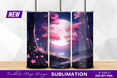 Magical pink cherry blossom moonlit landscape tumbler png Sublimation Regulrcrative 