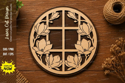 Magnolia Floral Round Frame SVG | Laser Cut Flower Wreath | Wooden Window Frame Decor for Glowforge SVG Regulrcrative 