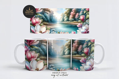 Magnolia River Mug Wrap PNG, Watercolor Floral Mug Sublimation BijouBay 