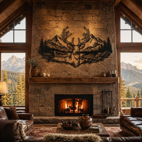 Majestic Deer Mountain Scene Laser SVG | Deer Metal Wall Art DXF | Plasma CNC Laser Cut File | Rustic Cabin Decor Svg | Wildlife Svg SVG HappyDesignStudio 
