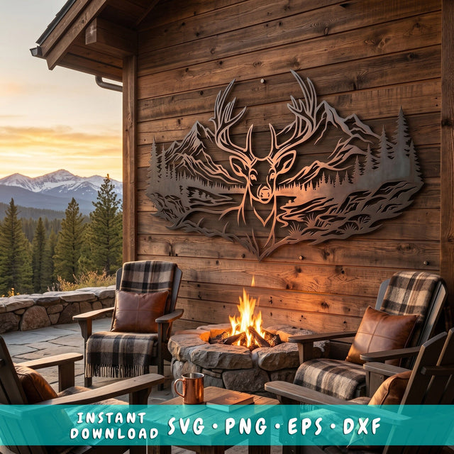 Majestic Deer Mountain Scene Laser SVG | Deer Metal Wall Art DXF | Plasma CNC Laser Cut File | Rustic Cabin Decor Svg | Wildlife Svg SVG HappyDesignStudio 