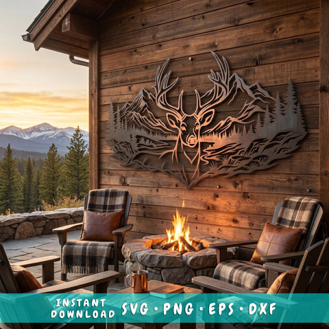 Majestic Deer Mountain Scene Laser SVG | Deer Metal Wall Art DXF | Plasma CNC Laser Cut File | Rustic Cabin Decor Svg | Wildlife Svg SVG HappyDesignStudio 