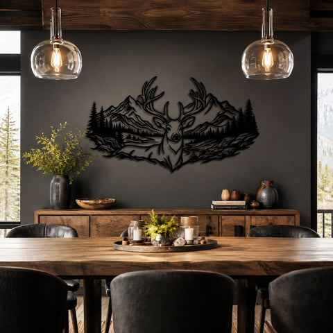 Majestic Deer Mountain Scene Laser SVG | Deer Metal Wall Art DXF | Plasma CNC Laser Cut File | Rustic Cabin Decor Svg | Wildlife Svg SVG HappyDesignStudio 