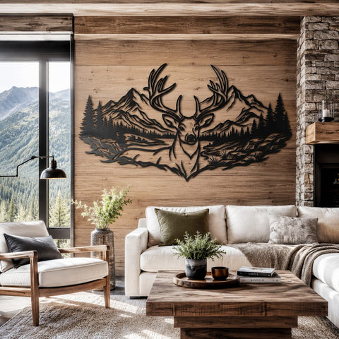 Majestic Deer Mountain Scene Laser SVG | Deer Metal Wall Art DXF | Plasma CNC Laser Cut File | Rustic Cabin Decor Svg | Wildlife Svg SVG HappyDesignStudio 