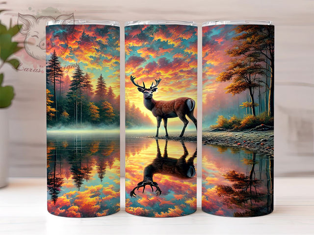 Majestic Deer Sunset Forest 20oz Tumbler, Forest Design, Sunset Art, 20oz Tumbler, Sublimation Wrap, Wildlife Gift, Nature Lover Tumbler Sublimation Lara' s Designs 