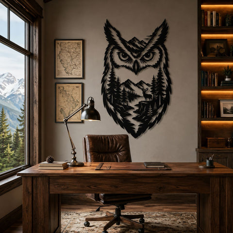 Majestic Owl Forest Scene Laser SVG | Wildlife Metal Wall Art DXF | Plasma CNC Cut File | Rustic Cabin Decor Laser Cut Design SVG HappyDesignStudio 