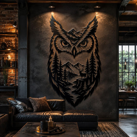 Majestic Owl Forest Scene Laser SVG | Wildlife Metal Wall Art DXF | Plasma CNC Cut File | Rustic Cabin Decor Laser Cut Design SVG HappyDesignStudio 