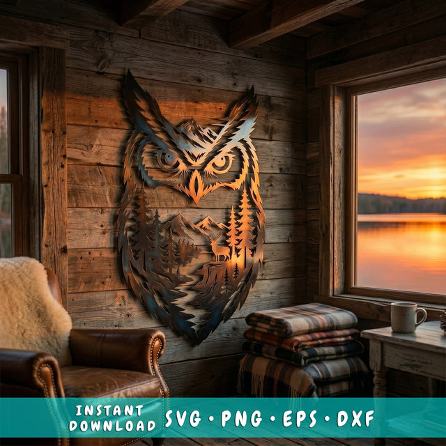 Majestic Owl Forest Scene Laser SVG | Wildlife Metal Wall Art DXF | Plasma CNC Cut File | Rustic Cabin Decor Laser Cut Design SVG HappyDesignStudio 