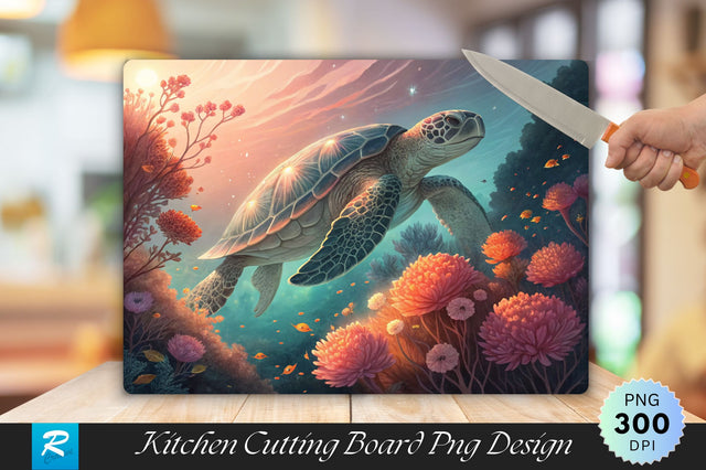 Majestic Sea Turtle with Glowing Coral Flowers Cutting Board PNG Design Sublimation Regulrcrative 