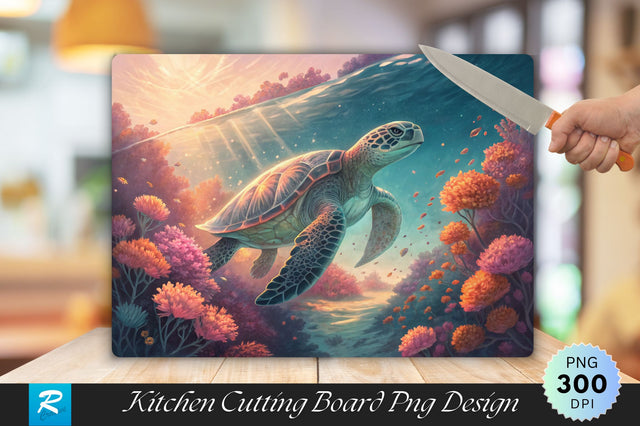 Majestic Sea Turtle with Glowing Coral Flowers Cutting Board PNG Design Sublimation Regulrcrative 