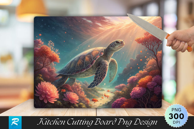 Majestic Sea Turtle with Glowing Coral Flowers Cutting Board PNG Design Sublimation Regulrcrative 