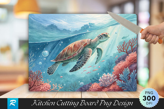 Majestic Turtle Swimming in Serene Ocean with Coral and Bubbles Cutting Board PNG Design Sublimation Regulrcrative 