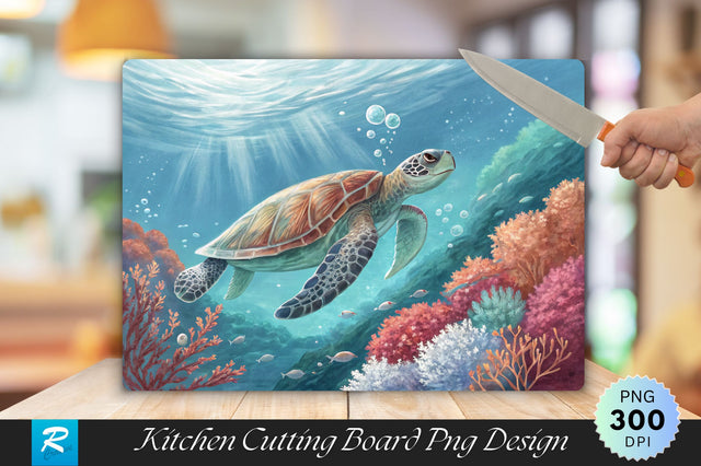 Majestic Turtle Swimming in Serene Ocean with Coral and Bubbles Cutting Board PNG Design Sublimation Regulrcrative 