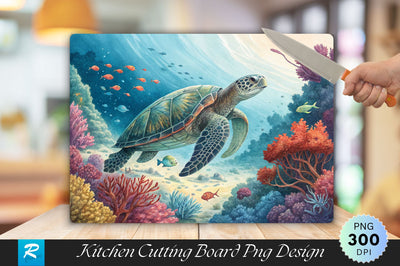 Majestic Turtle with Colorful Coral Cutting Board PNG Design Sublimation Regulrcrative 