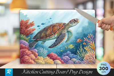 Majestic Turtle with Colorful Coral Cutting Board PNG Design Sublimation Regulrcrative 