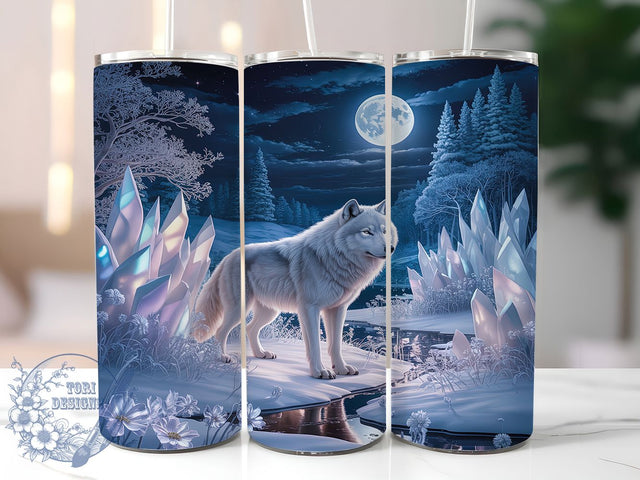 Majestic Winter Night Wolf Tumbler, Night Scene Wrap, Snowy Forest Sublimation, Majestic Wolf Cup, 20Oz Skinny Tumbler Wrap, Moonlit Wilderness Mug, Arctic Animal Design Sublimation ToriDesigns 
