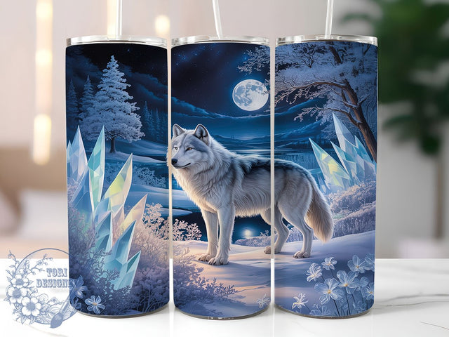 Majestic Winter Night Wolf Tumbler, Night Scene Wrap, Snowy Forest Sublimation, Majestic Wolf Cup, 20Oz Skinny Tumbler Wrap, Moonlit Wilderness Mug, Arctic Animal Design Sublimation ToriDesigns 