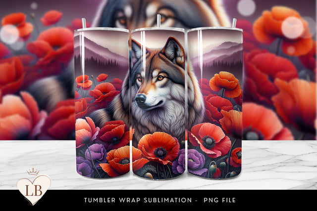 Majestic Wolf and Red Poppy Tumbler Wrap Sublimation BijouBay 