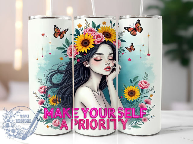 Make Yourself a Priority, Self-Care, Inspirational Tumbler, 20oz Tumbler, Digital Download, Motivational Quote, Floral Design Sublimation ToriDesigns 