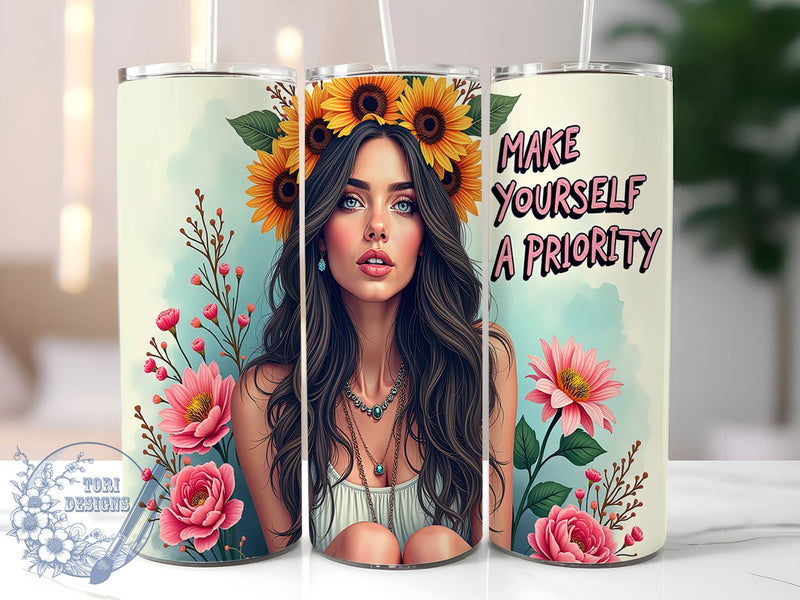 Make Yourself a Priority, Self-Care, Inspirational Tumbler, 20oz Tumbler, Digital Download, Motivational Quote, Floral Design Sublimation ToriDesigns 