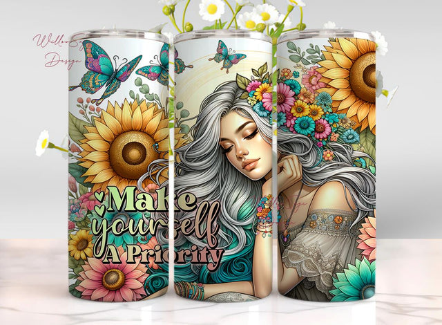 Make Yourself The Priority, 20oz Tumbler Wrap, Pastel Sunflowers, Sublimation, Girl with Tattoos, Positive Designs Sublimation WillowSageDesign 