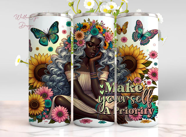 Make Yourself The Priority, 20oz Tumbler Wrap, Pastel Sunflowers, Sublimation, Girl with Tattoos, Positive Designs Sublimation WillowSageDesign 