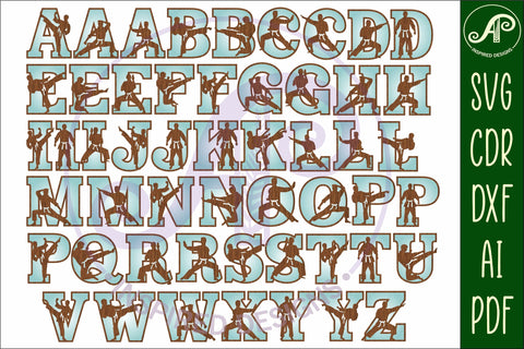 Male martial arts theme alphabet set. 2 layer 52 letters SVG APInspireddesigns 