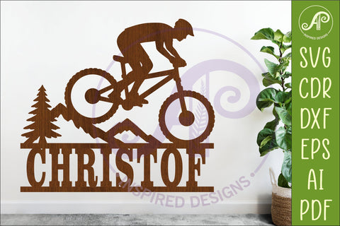 Male Mountain Bike Name Sign SVG, Cyclist Laser Cut File SVG APInspireddesigns 