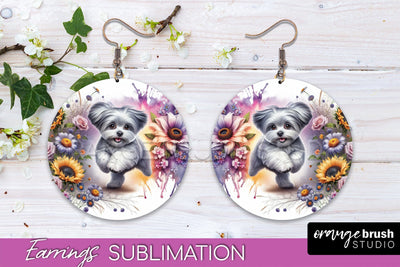 Maltese Earrings - Dog Mom Floral Round Earring Sublimation Sublimation OrangeBrushStudio 