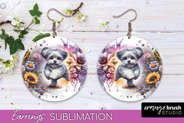 Maltese Earrings - Dog Mom Floral Round Earring Sublimation Sublimation OrangeBrushStudio 