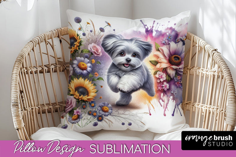 Maltese Pillow Cover - Dog Mom Floral Pillow Sublimation Sublimation OrangeBrushStudio 
