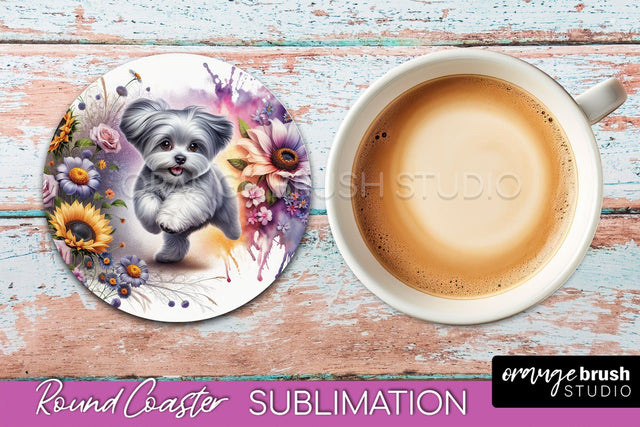 Maltese Round Coaster - Dog Mom Floral Coaster Sublimation Sublimation OrangeBrushStudio 