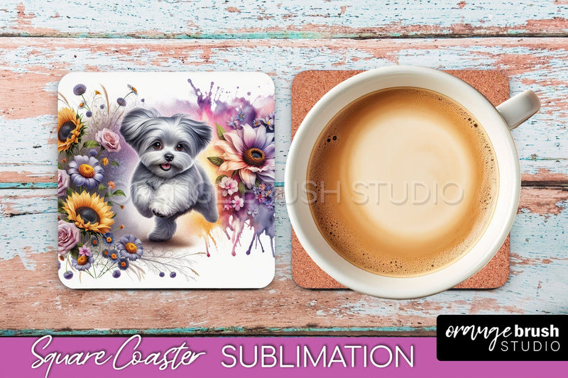 Maltese Square Coaster - Dog Mom Floral Coaster Sublimation Sublimation OrangeBrushStudio 