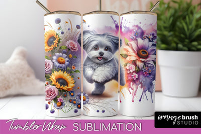 Maltese Tumbler Wrap - Dog Mom Floral Tumbler Sublimation Sublimation OrangeBrushStudio 
