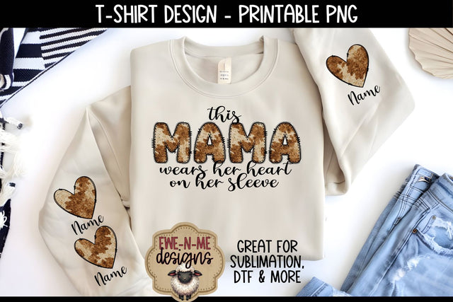 Mama Cow Print with Heart Sleeve Design | PNG Design For Shirts Sublimation Ewe-N-Me Designs 