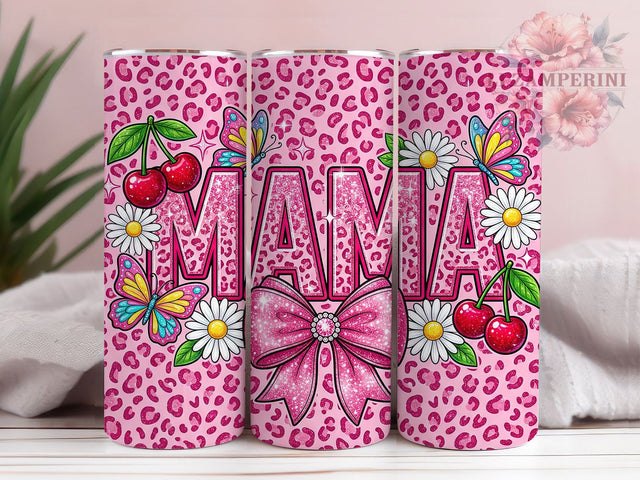 MAMA Leopard Cherry Glow 20oz Tumbler, Leopard Motif, Cherry Accent, MAMA Theme, Glow Art Design, Glam Flair, Sublimation Wrap, 20oz Tumbler Sublimation Li Zamperini 