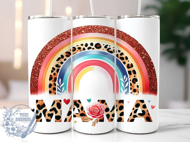 Mama Leopard Rainbow 20oz Skinny Tumbler, Mama Tumbler Png, Straight & Tapered Tumbler Wrap, Instant Digital Download Sublimation ToriDesigns 