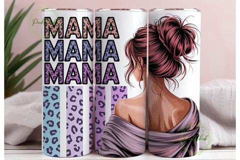 Mama Messy Bun Leopard 20oz Tumbler Wrap Sublimation PixelChick 
