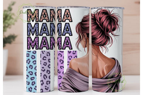 Mama Messy Bun Leopard 20oz Tumbler Wrap Sublimation PixelChick 