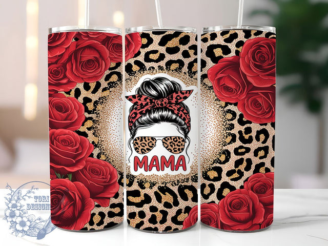 Mama Messy Bun Leopard Rose Tumbler Wrap, Messy Bun Tumbler Design, Red Roses Tumbler, Leopard Print Tumbler, 20oz Skinny Tumbler Wrap, Floral Sublimation Wrap, Mom Life Tumbler Design Sublimation ToriDesigns 