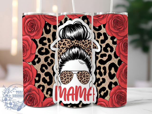 Mama Messy Bun Leopard Rose Tumbler Wrap, Messy Bun Tumbler Design, Red Roses Tumbler, Leopard Print Tumbler, 20oz Skinny Tumbler Wrap, Floral Sublimation Wrap, Mom Life Tumbler Design Sublimation ToriDesigns 