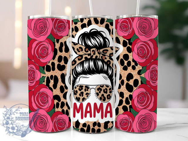 Mama Messy Bun Leopard Rose Tumbler Wrap, Messy Bun Tumbler Design, Red Roses Tumbler, Leopard Print Tumbler, 20oz Skinny Tumbler Wrap, Floral Sublimation Wrap, Mom Life Tumbler Design Sublimation ToriDesigns 