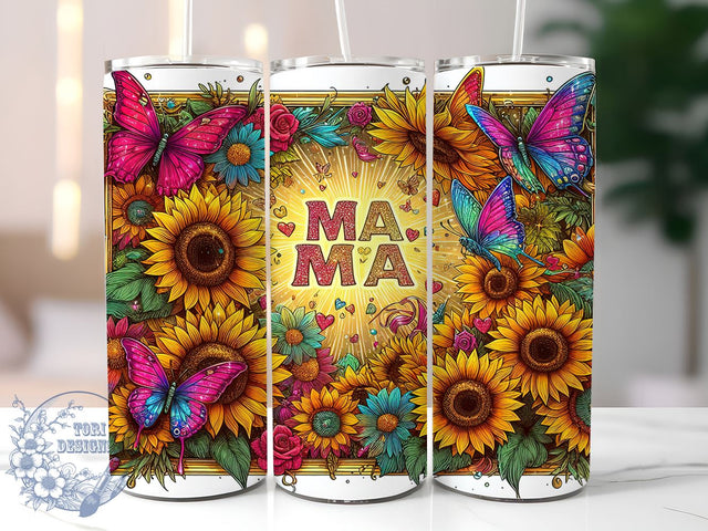 Mama Sunflower 20oz Skinny Tumbler, Mama Butterfly Tumbler Png, Straight & Tapered Tumbler Wrap, Instant Digital Download Sublimation ToriDesigns 