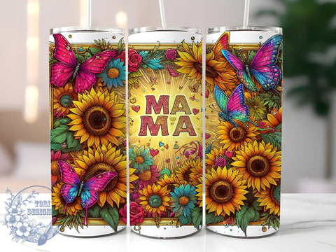 Mama Sunflower 20oz Skinny Tumbler, Mama Butterfly Tumbler Png, Straight & Tapered Tumbler Wrap, Instant Digital Download Sublimation ToriDesigns 